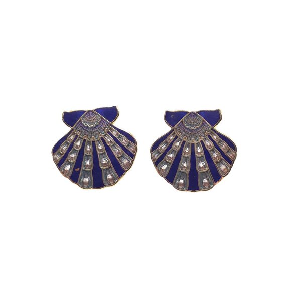 Vintage GCC Gold-Tone & Navy-Blue Shell Earrings with Intricate Design - Picture 3 of 4